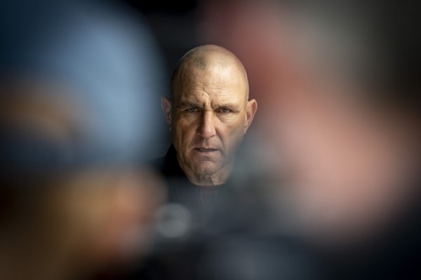 Actor in close-up in front of the camera on set