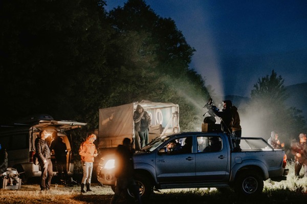 Night shoot with a pickup truck and lights outdoors