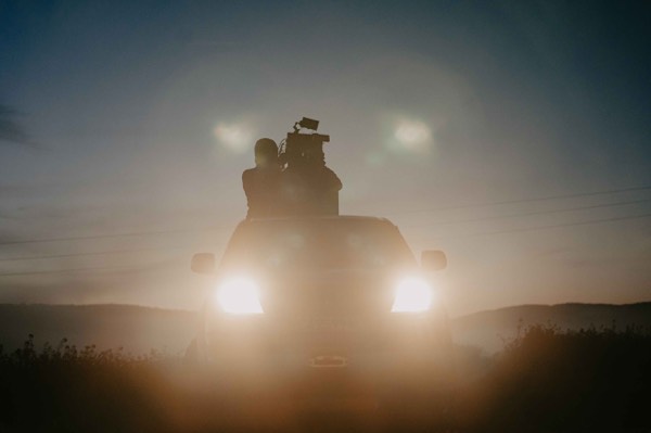 Headlights in fog during a night shoot