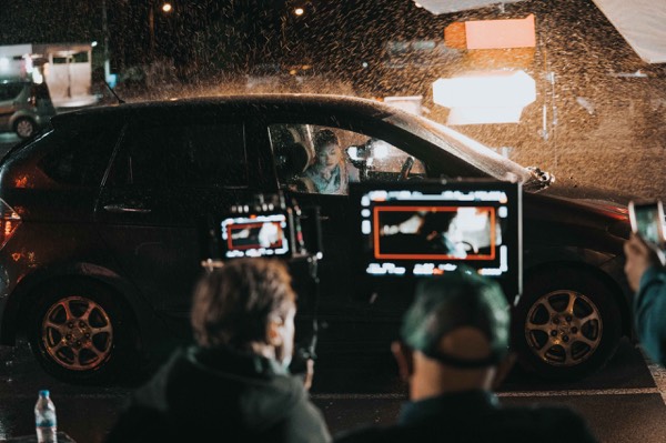 Camera rigged on a car on a commercial shoot