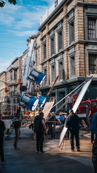 Camera crane in a street in a European city